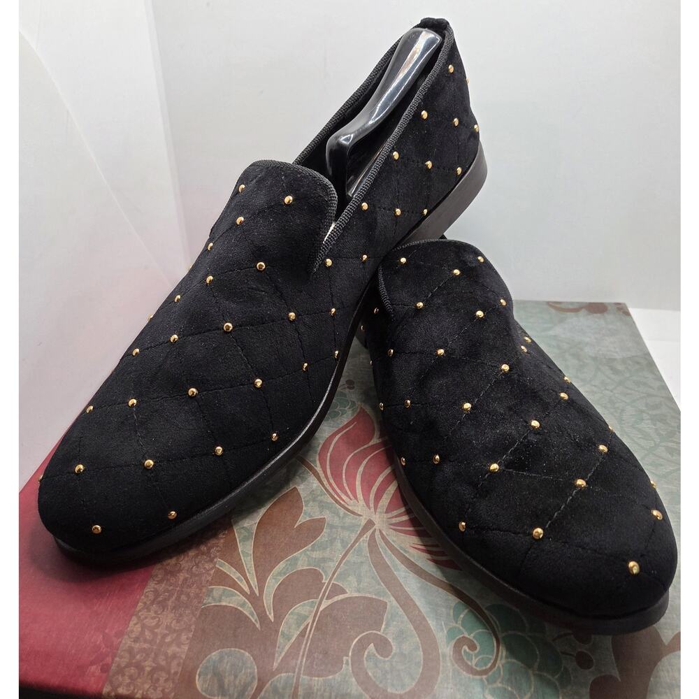 May Anthony Mens Loafers Henry Handmade Quilted Black Velvet Gold Accents 12 W
